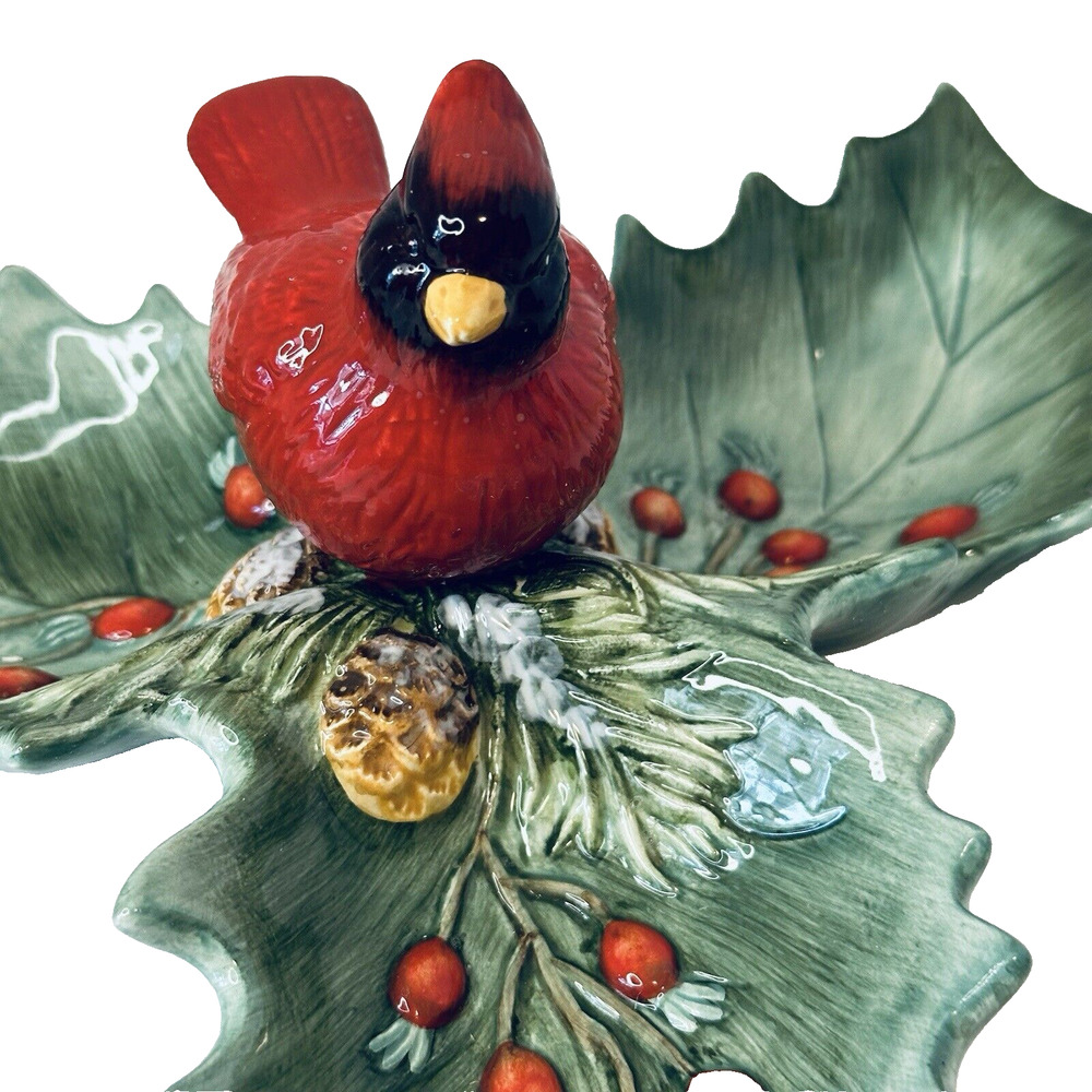 Christmas Traditions Cardinal Holly Ceramic Dish Holiday Red/Green 10" VTG